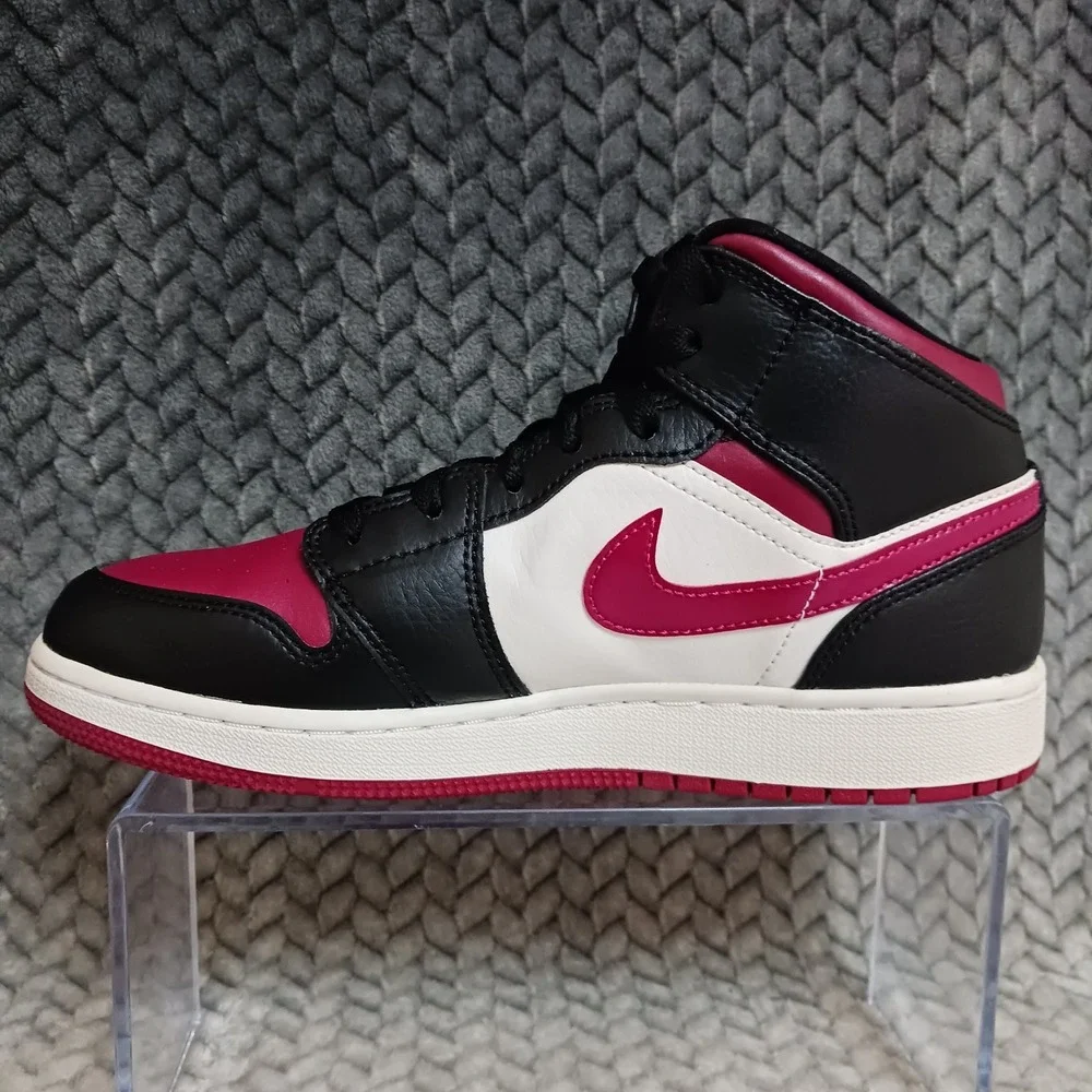 Jordan 1 Mid Bred Toe GS Black Noble Red Youth Basketball Sneakers Shoes Size 6Y